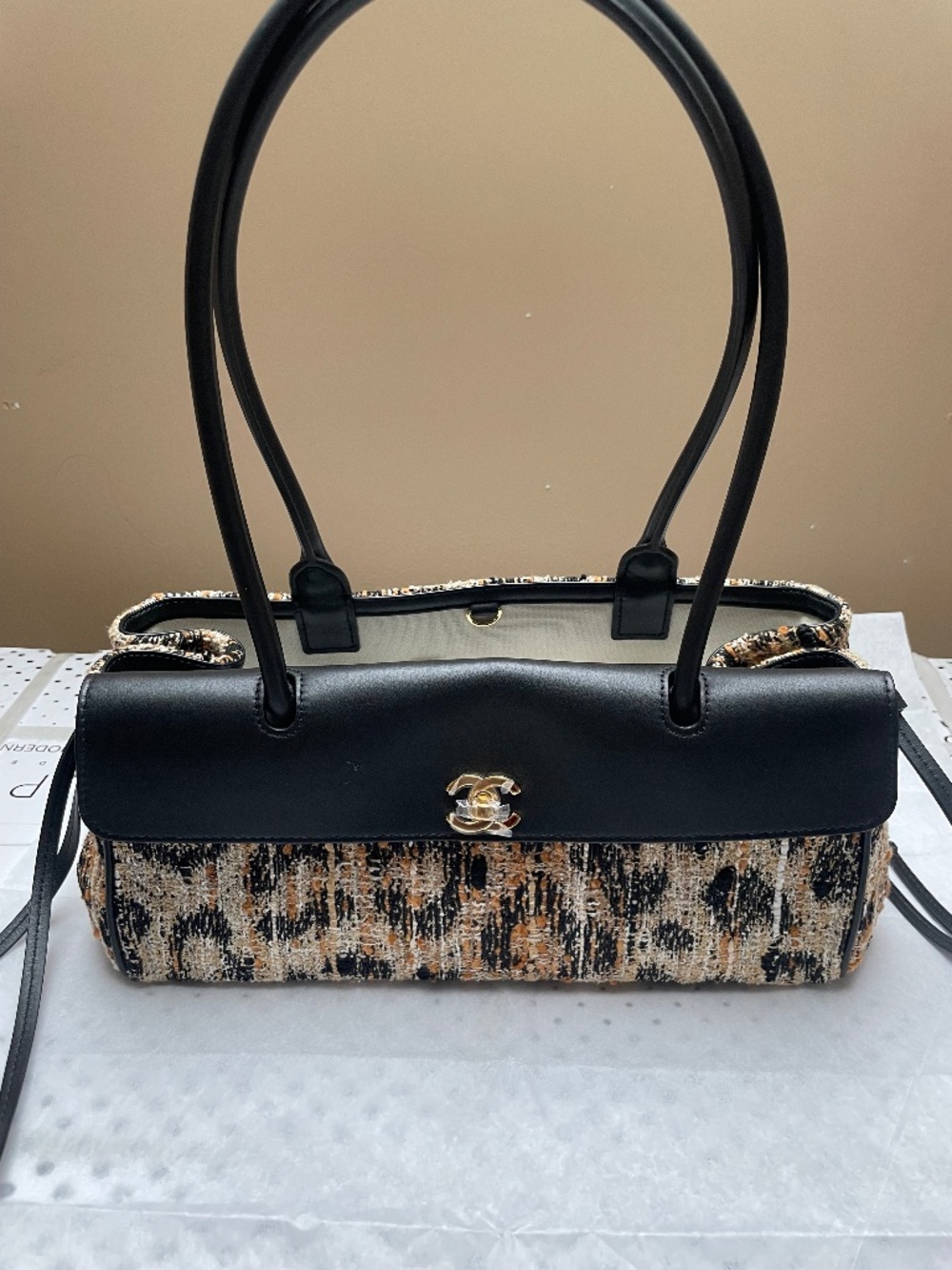 Chanel 26A Urban Essential East West Shopping Bag - Leopard Print Tweed & Black